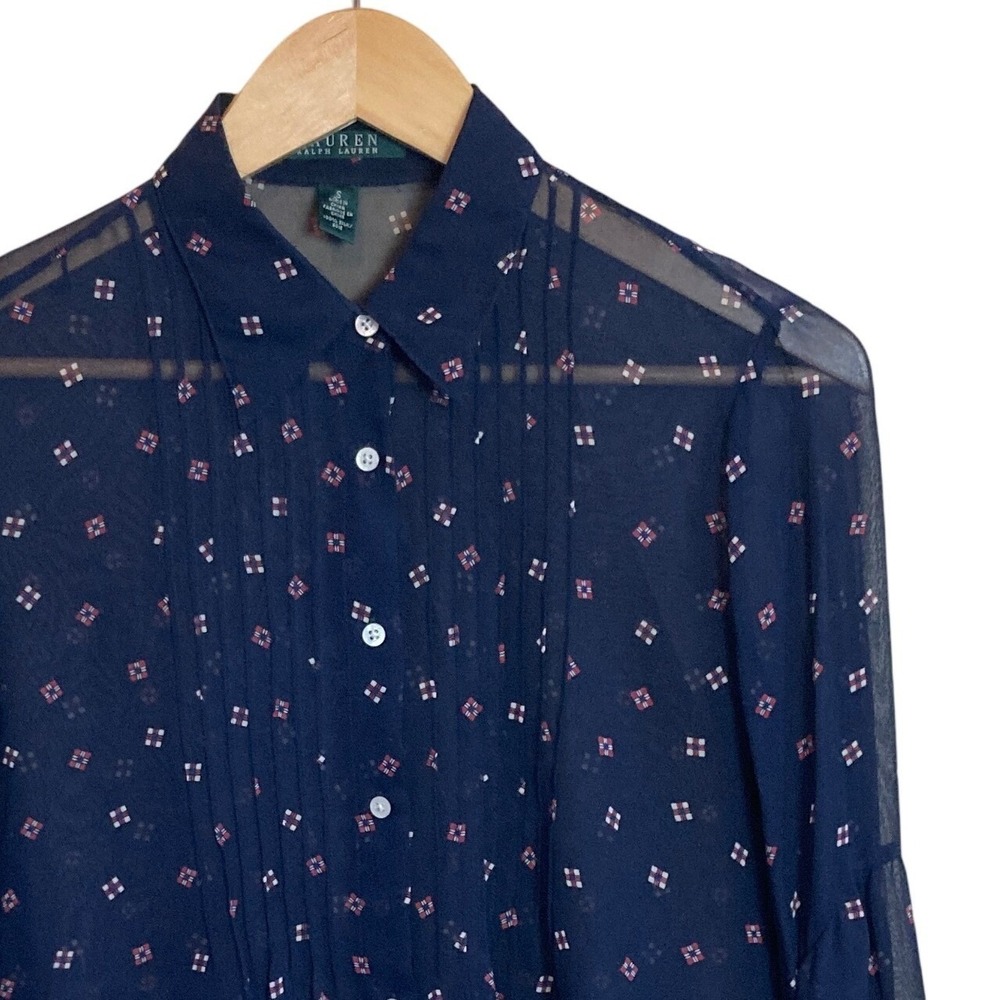 Lauren Ralph Lauren Blouse 100% Silk Small Navy Blue Pleated Geometric AOP